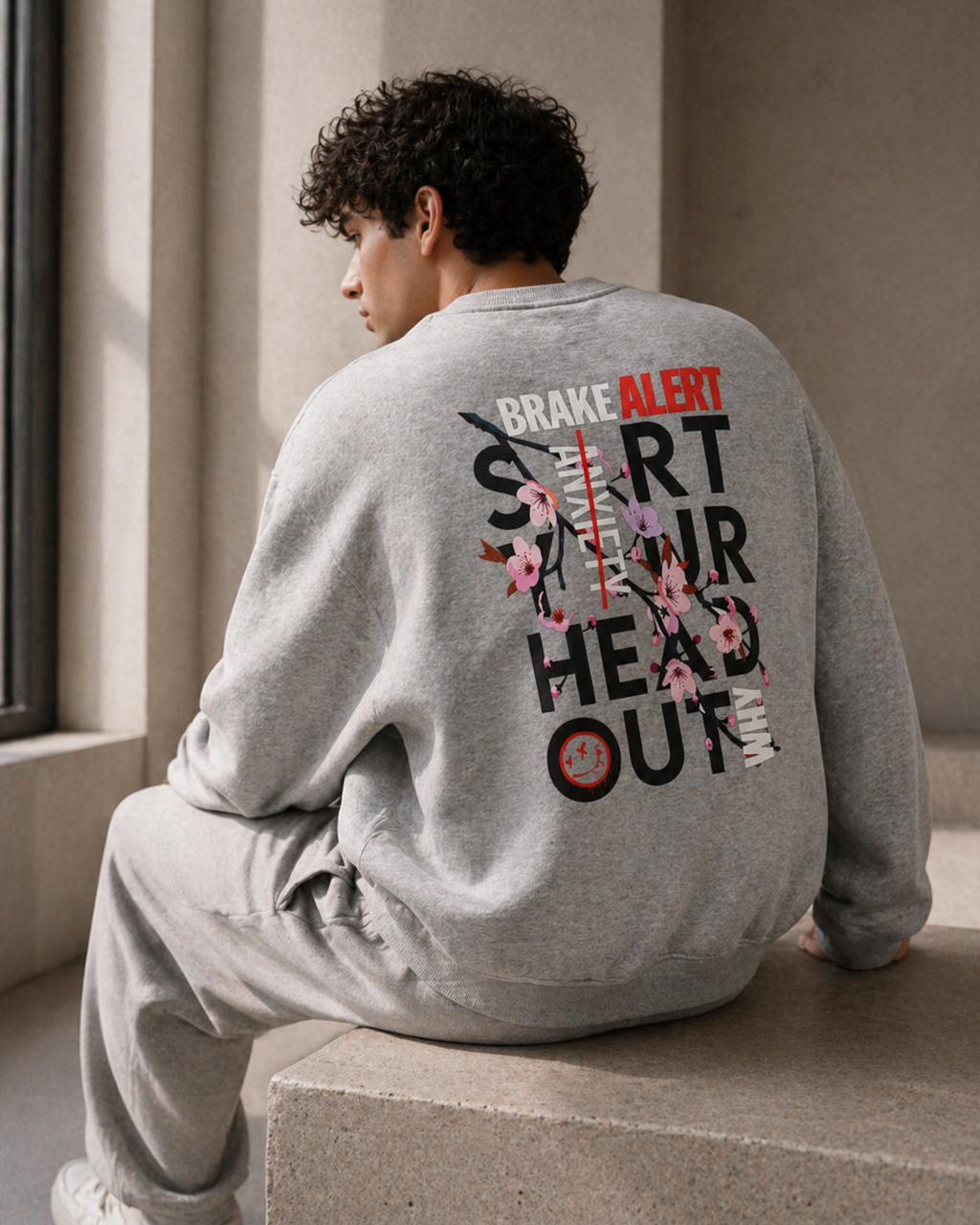 Grey marle oversized KiiNDSOULS Blossom sweatshirt, campaign view