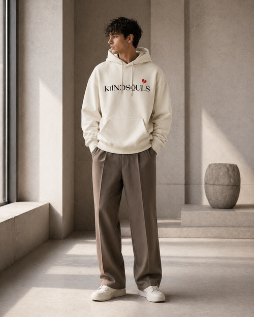 Model wearing the off-white KiiNDSOULS Broken Heart heavyweight hoodie, front view