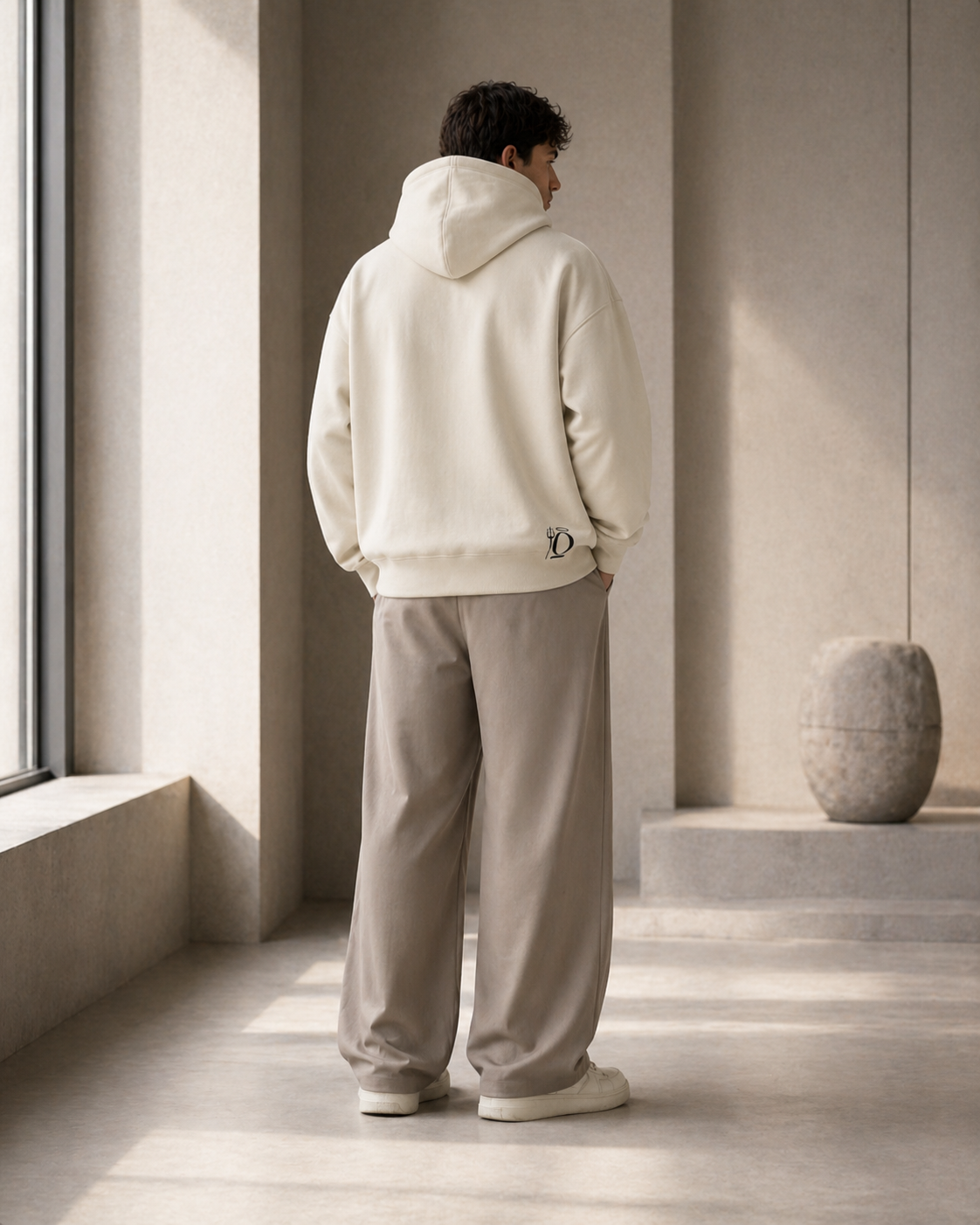 Rear view of a man wearing the off-white KiiNDSOULS Broken Heart heavyweight hoodie, showing the lower hem graphic