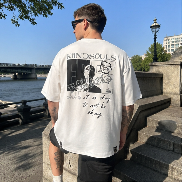Off-white oversized KiiNDSOULS Error T-shirt, back lifestyle view