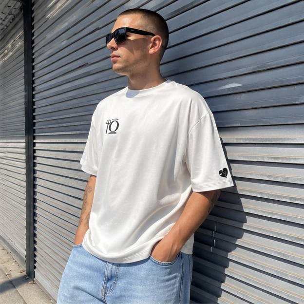 Off-white oversized KiiNDSOULS Error T-shirt, front lifestyle view