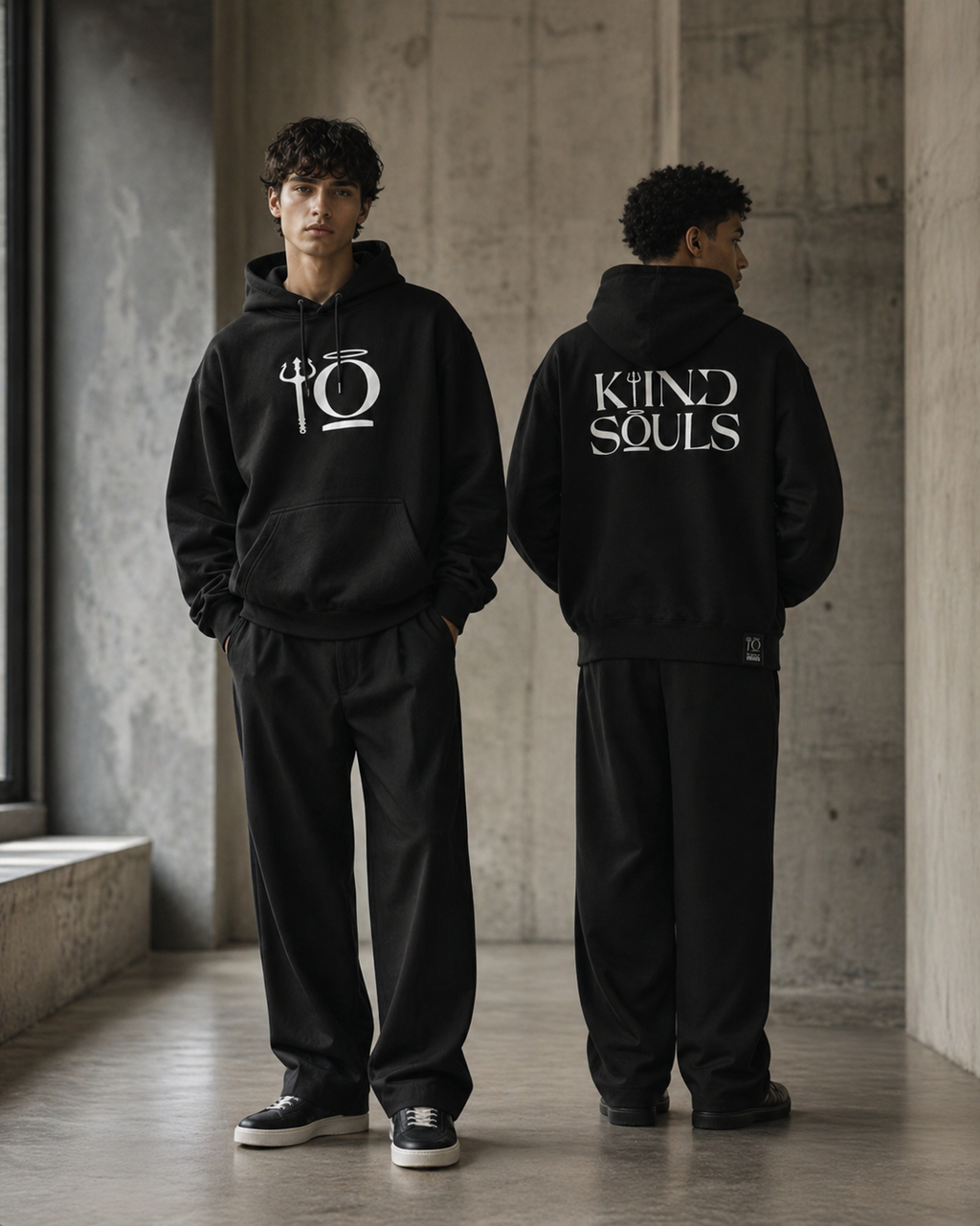 Black oversized KiiNDSOULS Halo hoodie, campaign lifestyle view