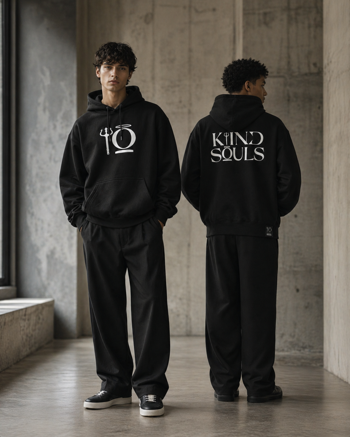 Black oversized KiiNDSOULS Halo hoodie, campaign lifestyle view