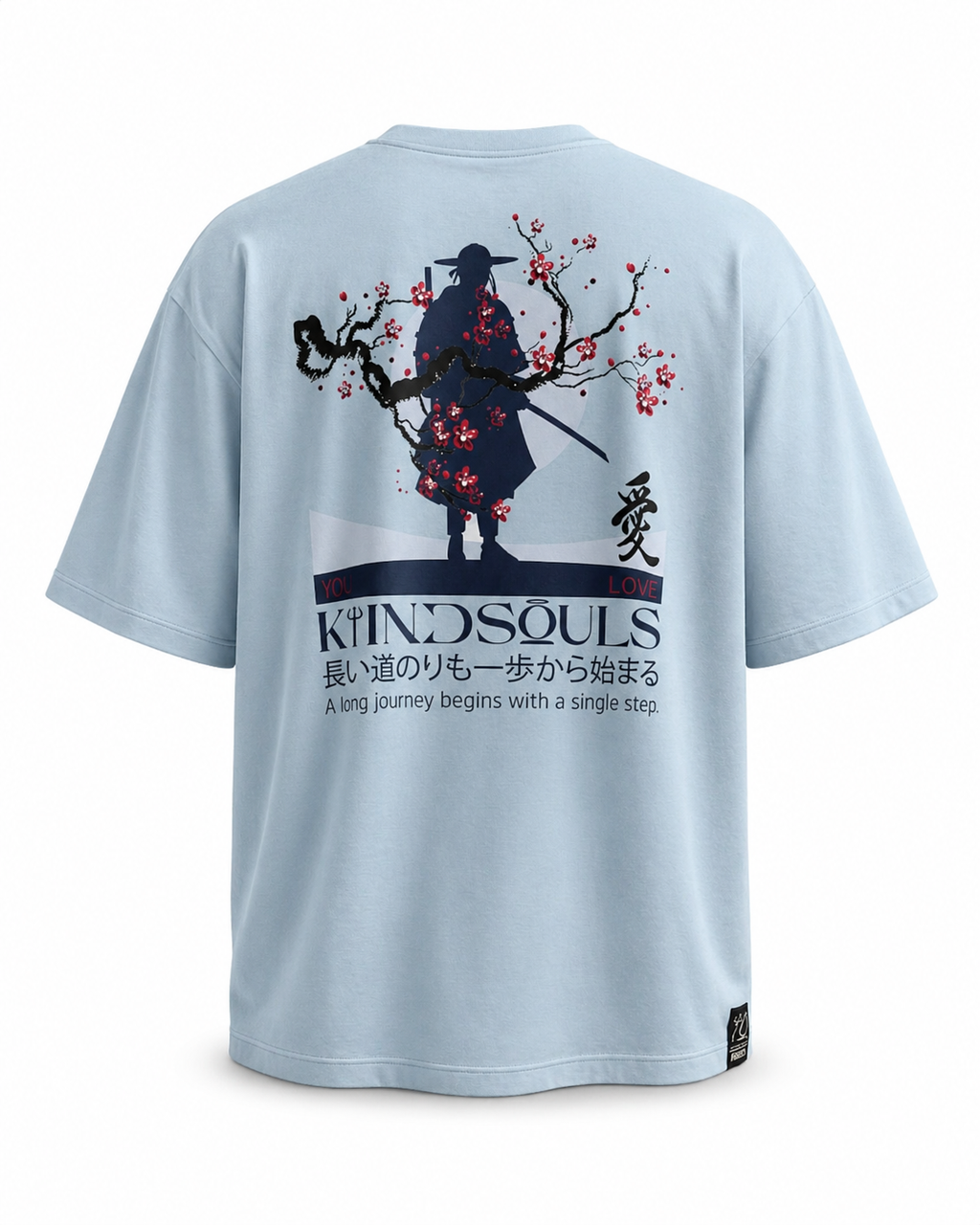 Pale sky blue KiiNDSOULS Samurai graphic T-shirt, back product view