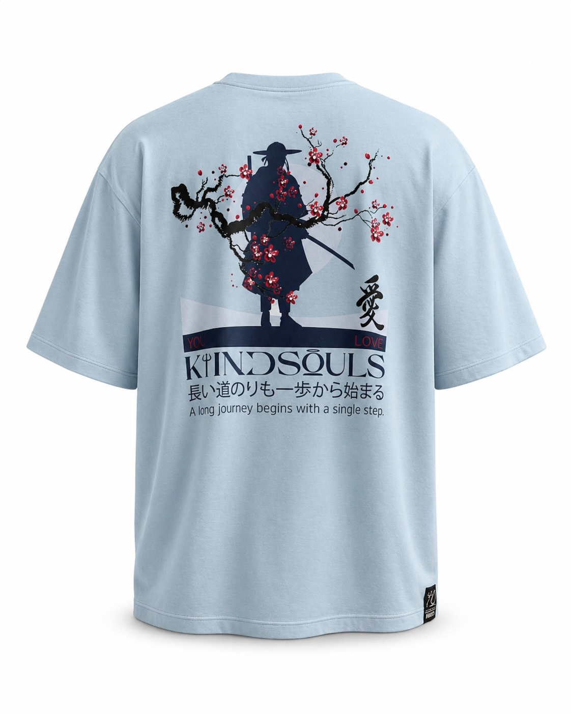 Pale sky blue KiiNDSOULS Samurai graphic T-shirt, back product view