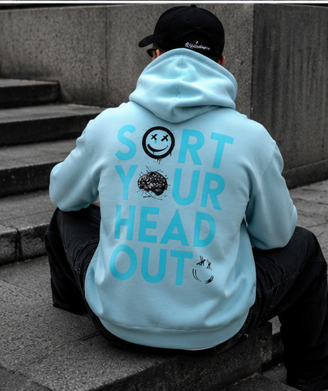 Sea foam green oversized KiiNDSOULS Sort Your Head Out hoodie, seated back view