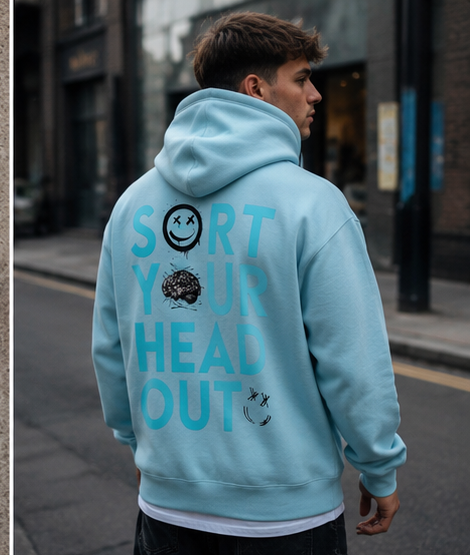 Sea foam green KiiNDSOULS Sort Your Head Out hoodie, back lifestyle view