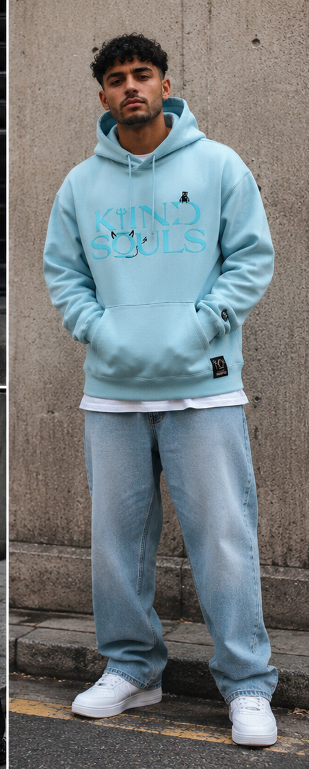 Sea foam green oversized KiiNDSOULS Sort Your Head Out hoodie, full front view