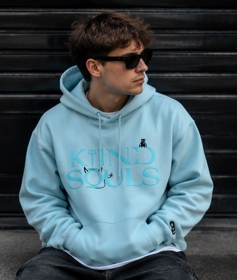 Sea foam green KiiNDSOULS Sort Your Head Out hoodie, front lifestyle view