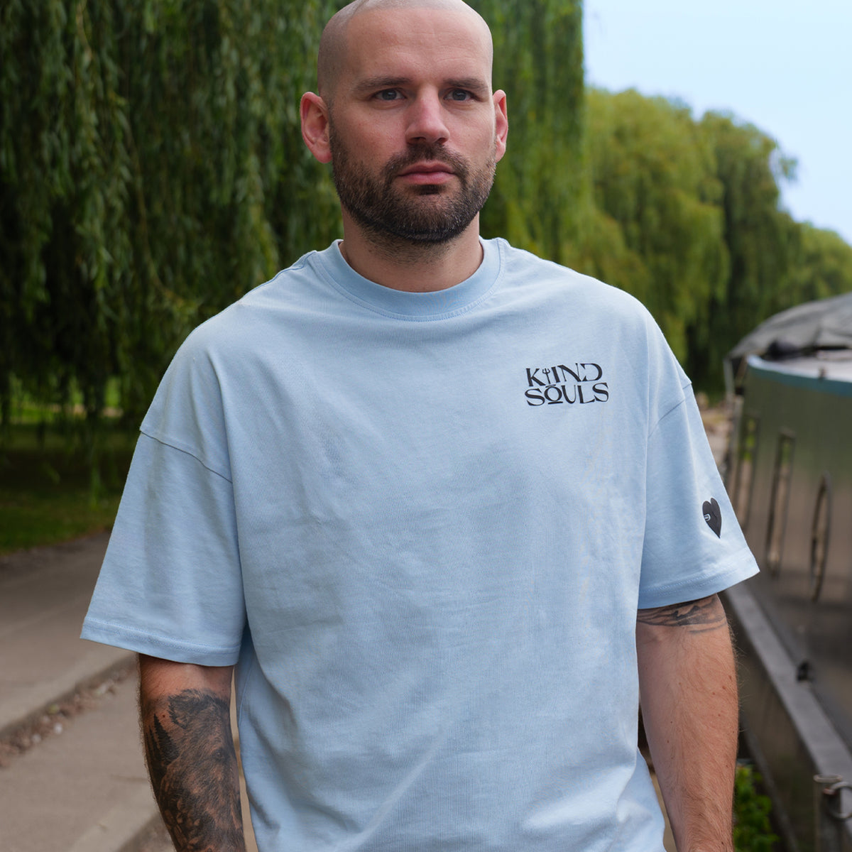 Pale sky blue oversized KiiNDSOULS Samurai graphic T-shirt, lifestyle view