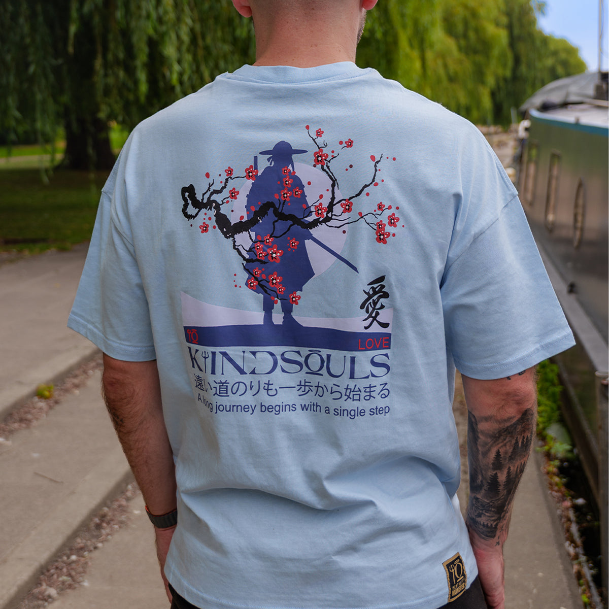 Pale sky blue KiiNDSOULS Samurai T-shirt, alternate lifestyle view